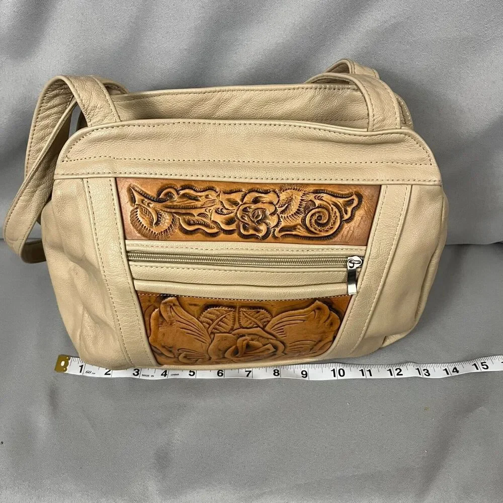 Women's Handbag‎ Tan Brown Leather Floral Embossed Double Handle Shoulder Bag